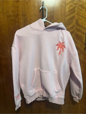 Pink Palm Puff-Women's Light Pink Hooded Sweatshirt with Coral Palm Accent